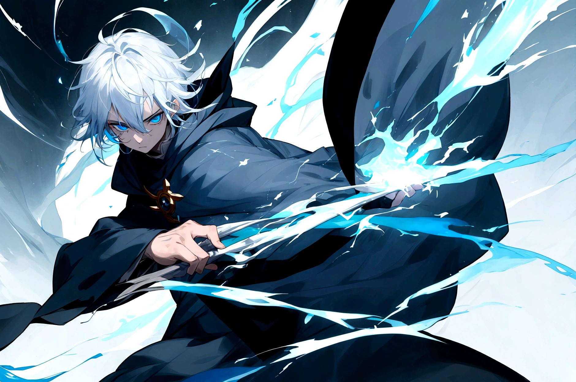 Sorcerer Divine Soul man, he has a silver hair and blue eyes, he wear a hood.
