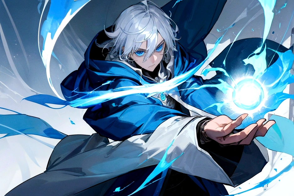 Sorcerer Divine Soul man, he has a silver hair and blue eyes, he wear a hood.
