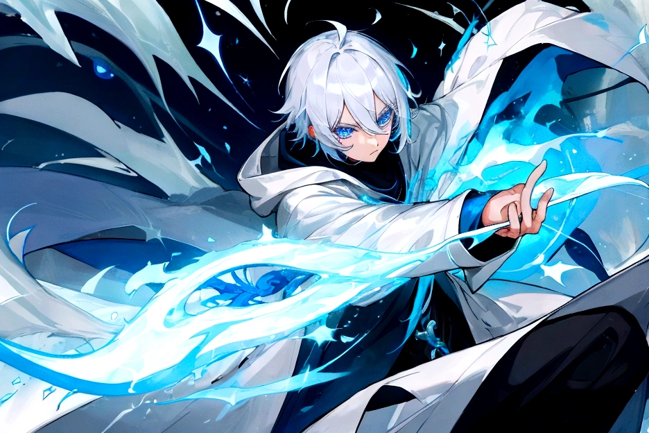 Sorcerer Divine Soul man, he has a silver hair and blue eyes, he wear a hood.