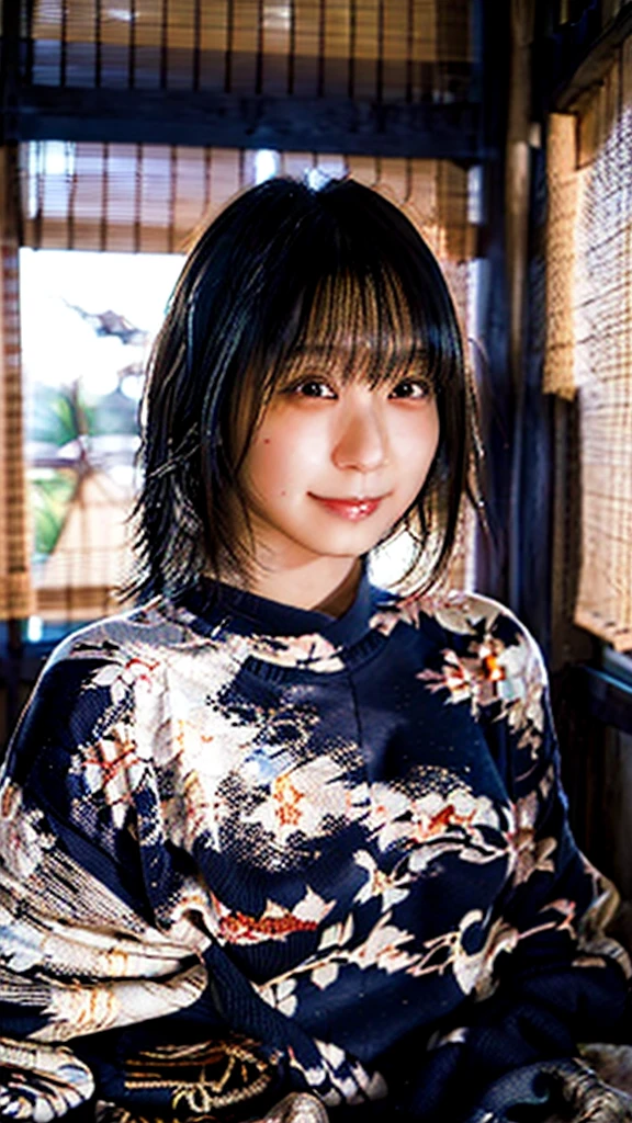 (highest quality,masterpiece:1.3,Ultra-high resolution),(Super detailed,Caustics,8k), (Photorealistic:1.4, RAW shooting),dusk,Sunset sky,Dimly lit classroom,Japanese,20-year-old,smile,Black Hair Middle Hair,Summer Sweater,Big Breasts,Bust up shot,Natural light