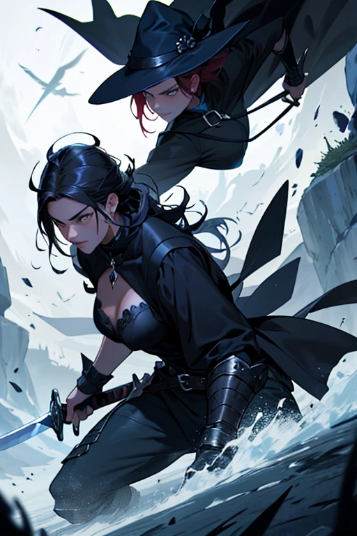 Create an image of a dark witch woman and a sword-wielding warrior in a fight with each other