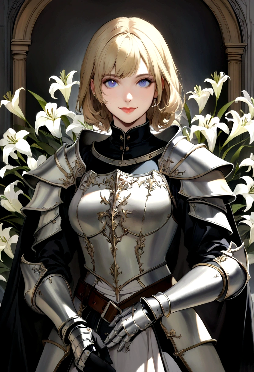 slender, mature female, solo, blonde_hair, closed_mouth, holding, 1girl, blue_eyes, armor, shoulder_armor, gauntlets, gloves, knight, cape, belt, pauldrons, armored_dress, bangs, lips, short_hair, long_sleeves, dress, white_lily, looking_at_viewer,smile, light_smile,nblack_gloves, leotard, vambraces, buttons, fine_art_parody