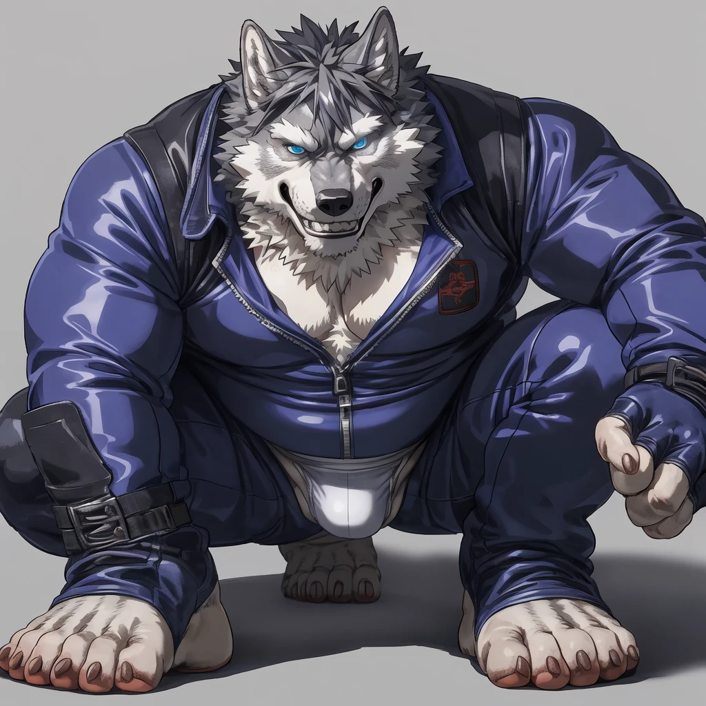 skinsuit standing chubby gray wolf dad ,blue eyes, naked white briefs , detailed smaller white feet five toes with white sock, profile, evil grin, kemono , high quality , by rossciaco , ( top view) spread legs