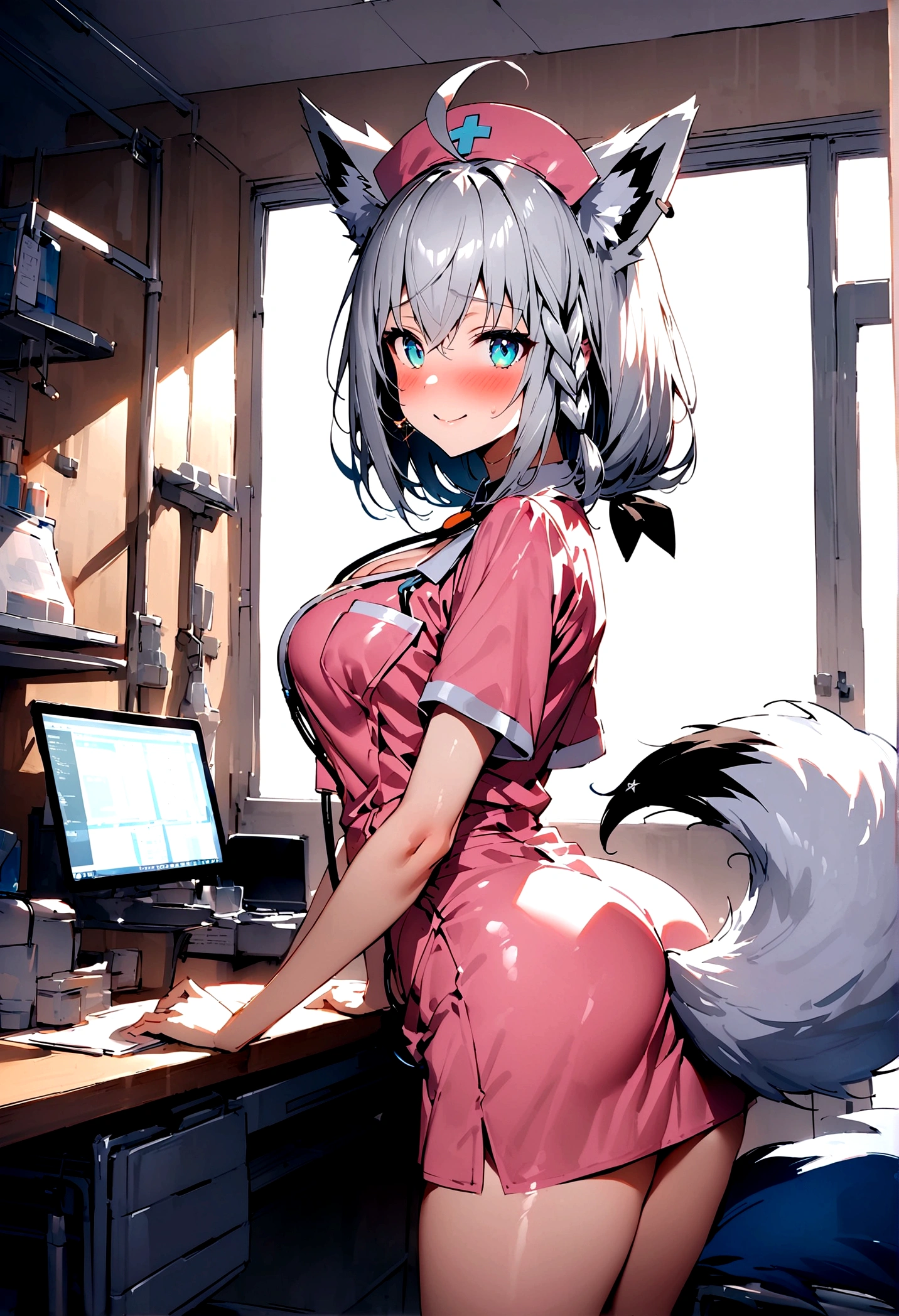 NSFW,masterpiece,Highest quality,High resolution,Super detailed,Shirakami Fubuki\(Hololive\),Gray Hair、One-sided braid、Ahoge、Earrings,Fox ears,Fox tail,nurse,Pink Nurse Uniform,Nurse cap,Stethoscope,Embarrassed,blush,Expecting face,Bewitching Smile,Sexy look,hospital,Examination room,desk,pc,Chair,(Seduce),Cleavage,examine,Chairに座っている,From the side