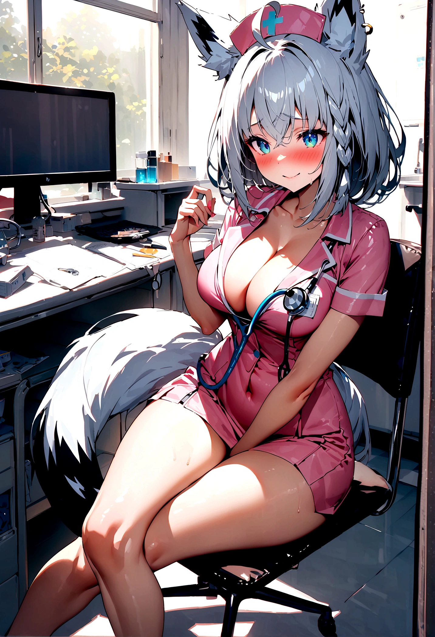 NSFW,masterpiece,Highest quality,High resolution,Super detailed,Shirakami Fubuki\(Hololive\),Gray Hair、One-sided braid、Ahoge、Earrings,Fox ears,Fox tail,nurse,Pink Nurse Uniform,Nurse cap,Stethoscope,Embarrassed,blush,Expecting face,Bewitching Smile,Sexy look,hospital,Examination room,desk,pc,Chair,(Seduce),Cleavage,examine,Chairに座っている,From the side