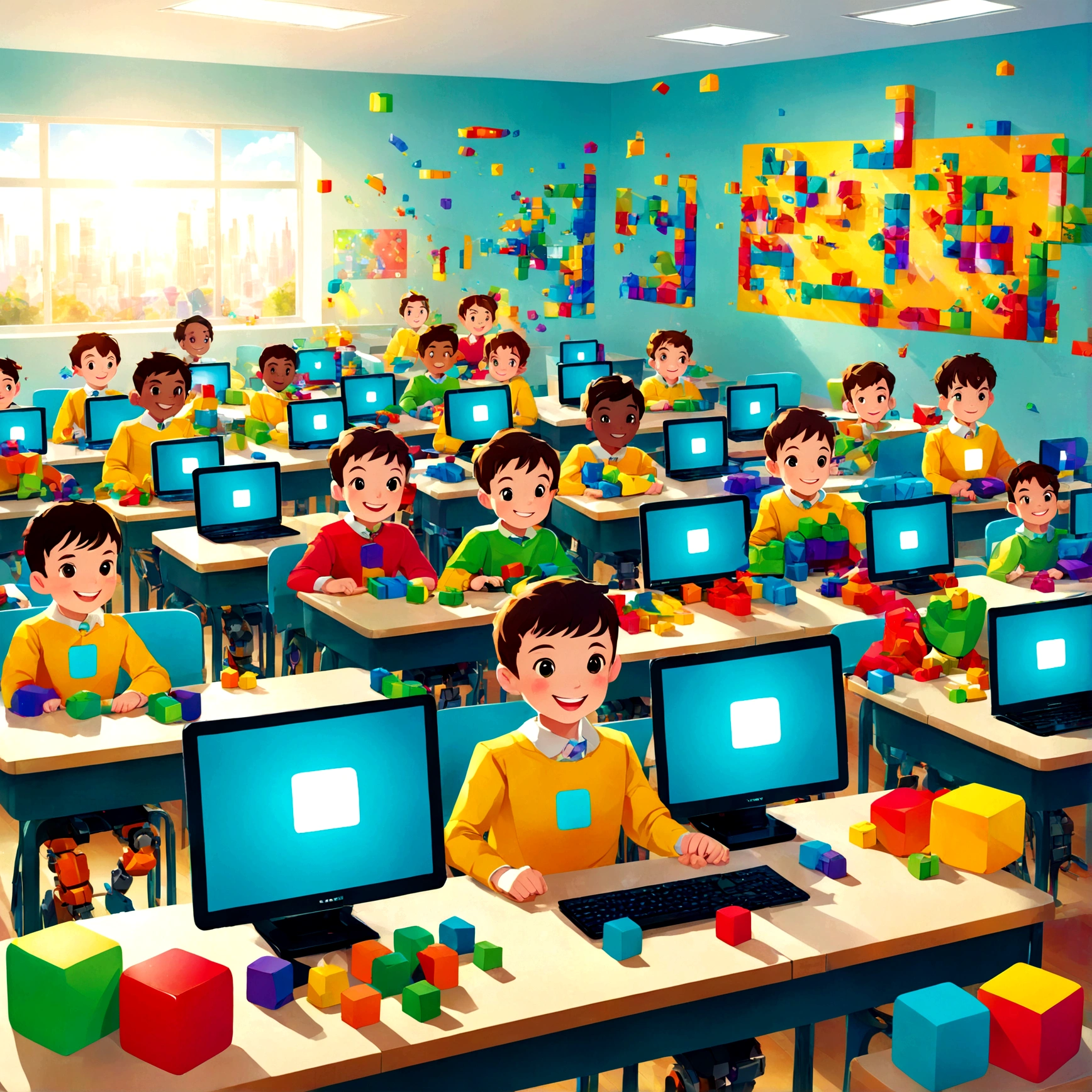 Bright classroom, The kids, smile, concentrated, computer, Colorful Blocks, robot, Programming code, future, technology, creativity, Amusement