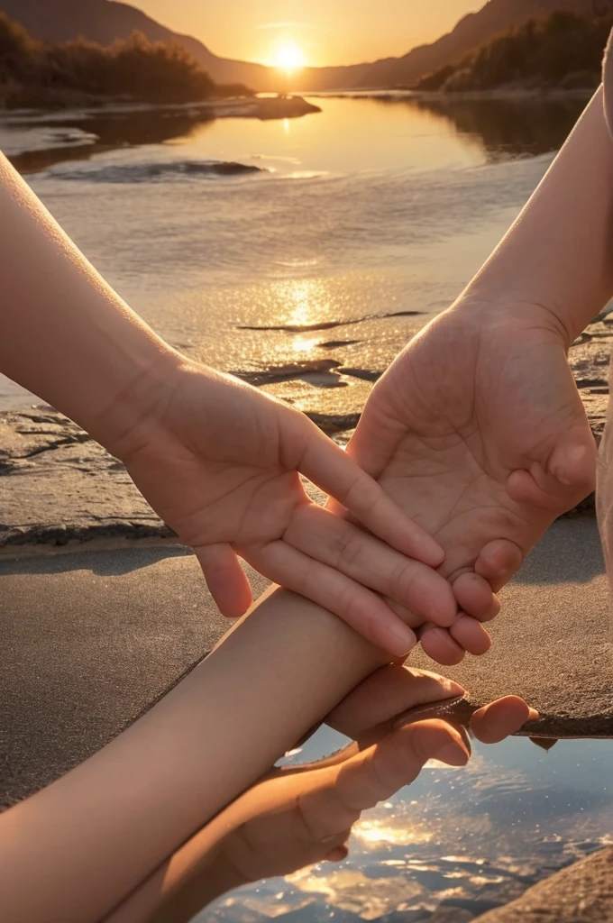 A serene scene of two hands clasped together, symbolizing unbreakable bond and trust. The background is filled with a soft, warm glow, suggesting love and freedom. Include elements of friendship and future dreams, such as a starry night sky or a sunrise over a peaceful landscape. Add a reflective element, like a mirror or a shadow, to convey introspection.