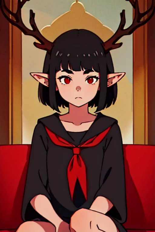 Girl with long pointed ears, short black hair, duendecillo haircut, Red eyes, antlers on the head, dressed in a sitting while bored at school, bored face