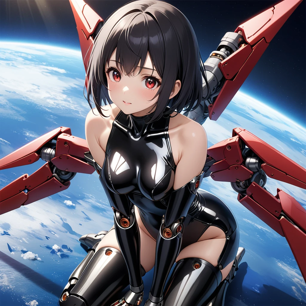 1girl、Black hair, red eyes,Leotards, earth, clear vinyl dresses, wariza、mechanical wings,android, joints, robot joints、deep faint light 、 detailed CG、high resolution