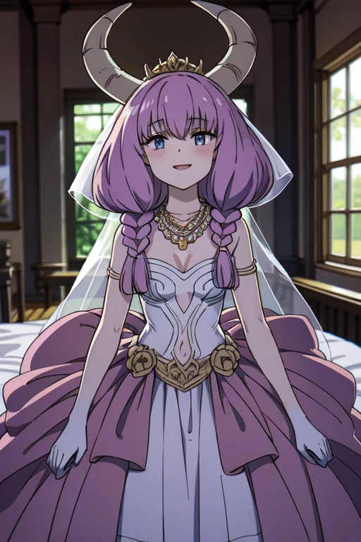 ((Best quality))),((Ultra-detailed)),((illustration)),((Disheveled hair)),((frilld)),(1 girl),(Solo),
1girl,bare shoulders,bed,blush,bridal veil,canopy bed,curtain grab,curtains,dress,gloves,indoors,jewelry,looking at viewer,necklace,pearl necklace,long hair,smile,solo,tiara,veil,wedding dress,window,full body,
pink hair,grey eyes,Horns,