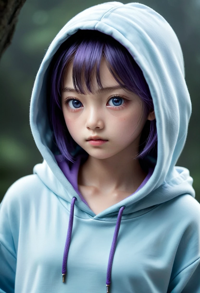 An amazing, realistic and photo-realistic masterpiece of a 7-year-old Japanese girl with short light blue hair, purple eyes, and wearing a black hoodie and hoodie hood. The girl has a beautifully detailed face with a serious look and long eyelashes. Her hair is floating in a novafrogstyle and she has a cute, mature face with a small breasts. The image is extremely detailed, with finely detailed fingers, eyes, nose, and thigh. The lighting is soft and the girl is looking at the viewer. The background is a misteriously dark with horror mist, giving a horror and ghostly atmosphere. The resolution is 2k, but the image is so detailed that it feels like an 8k wallpaper. NegativePrompt: Please do not include any nudity, NSFW content, paintings, sketches, low-quality images, monochrome or grayscale images, skin spots, acnes, skin blemishes, age spots, outdoor scenes, ugly faces, fat bodies, missing fingers, extra fingers, extra arms, extra legs, or open chests.
