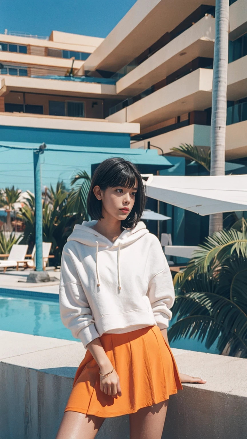 long shot portrait of cute 23 yo girl ,wear ((orange color oversized_hoodie)), wear ((purple tennis skirt)),looking front,Best Quality,Masterpiece,Ultra High Resolution,(Realisticity:1.4),Original Photo, 1Girl, light leak,ultra high resolution,UHD,beautiful, (black bob hair), almond eye, no makeup, in front of (80's mondrian architecture motel), (realistic:1.2), (surreal:1.3), (very detailed:1.1), ((masterpiece)),summer, blue sky, palm trees,sunny, los angles vibes,film camera, 800mm lens,style of Philip Lorca diCorcia