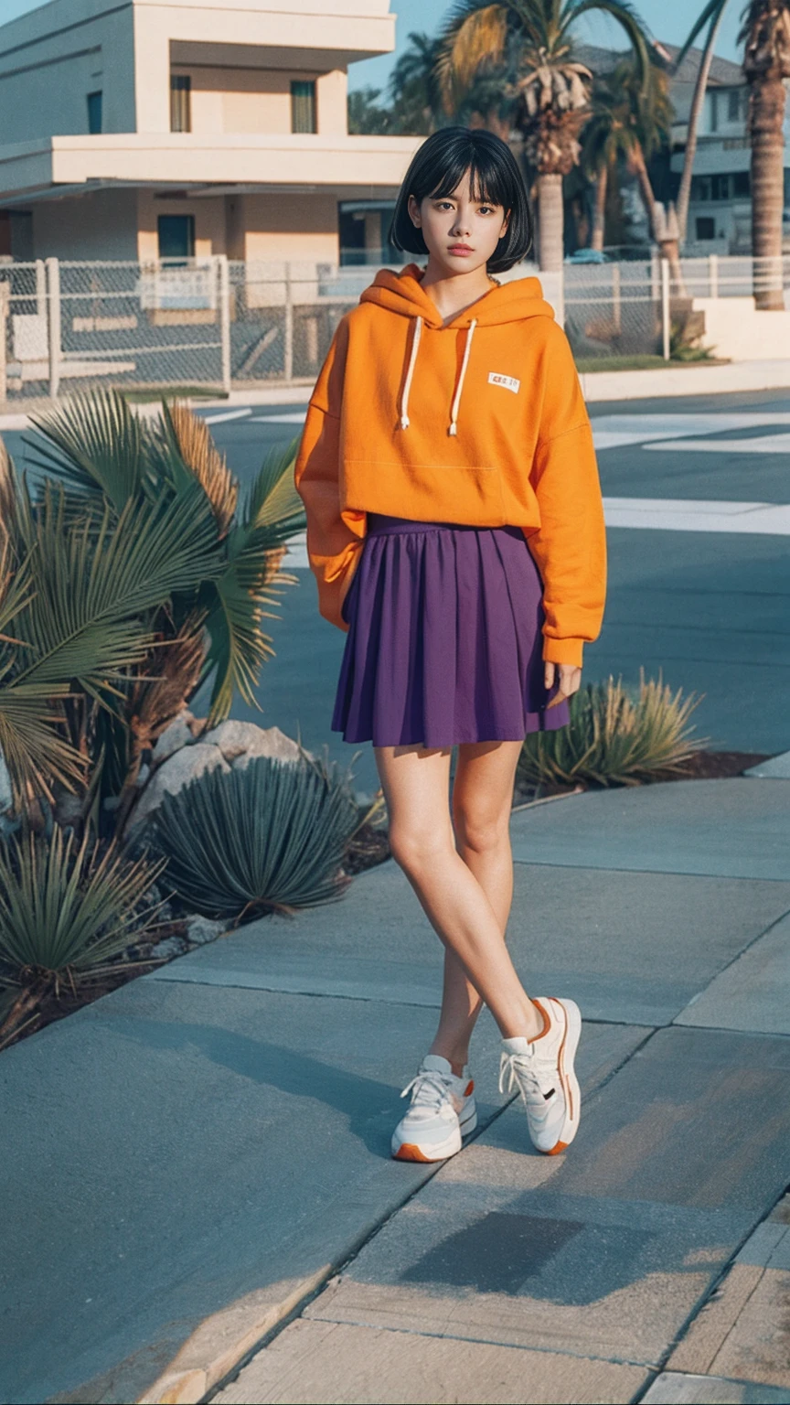 long shot portrait of cute 23 yo girl ,wear ((orange color oversized_hoodie)), wear ((purple tennis skirt)),looking front,Best Quality,Masterpiece,Ultra High Resolution,(Realisticity:1.4),Original Photo, 1Girl, light leak,ultra high resolution,UHD,beautiful, (black bob hair), almond eye, no makeup, in front of (80's mondrian architecture motel), (realistic:1.2), (surreal:1.3), (very detailed:1.1), ((masterpiece)),summer, blue sky, palm trees,sunny, los angles vibes,film camera, 800mm lens,style of Philip Lorca diCorcia