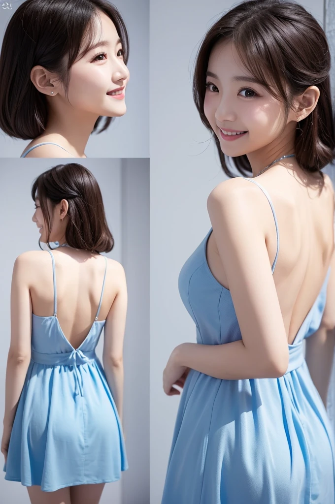 Back view、smile、A blue dress with a bit of her back showing、Beautiful Skin、White background、Korean women、Ultra-high quality camera