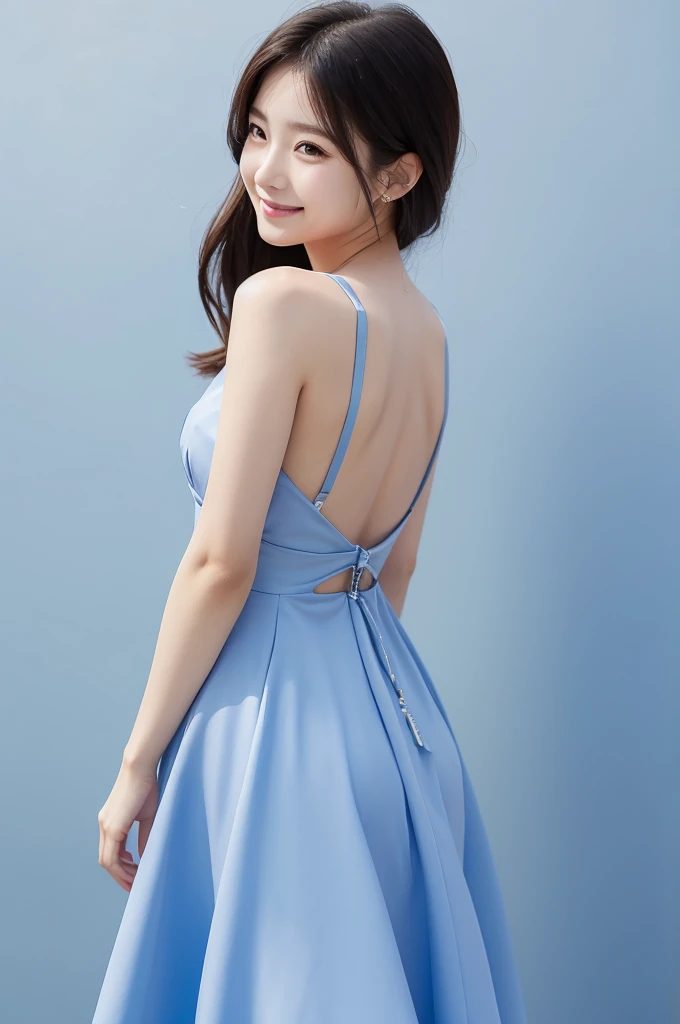 Back view、smile、A blue dress with a bit of her back showing、Beautiful Skin、White background、Korean women、Ultra-high quality camera