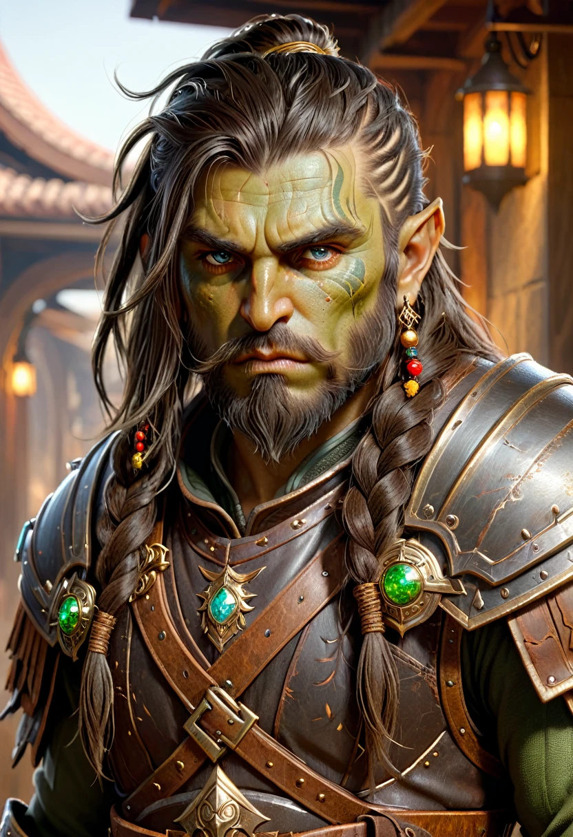 Orc man in leather duelist armor, long war braid hair shaved sides, dusty detail ornaments, battle weary, man warrior, armor, epic, face scar, dnd character portrait, intricate, 8k resolution, dynamic lighting, hyperdetailed, unreal 5, volumetric lighting, alphonse mucha, pre-raphaelite, detailed background, detailed face, detailed eyes,