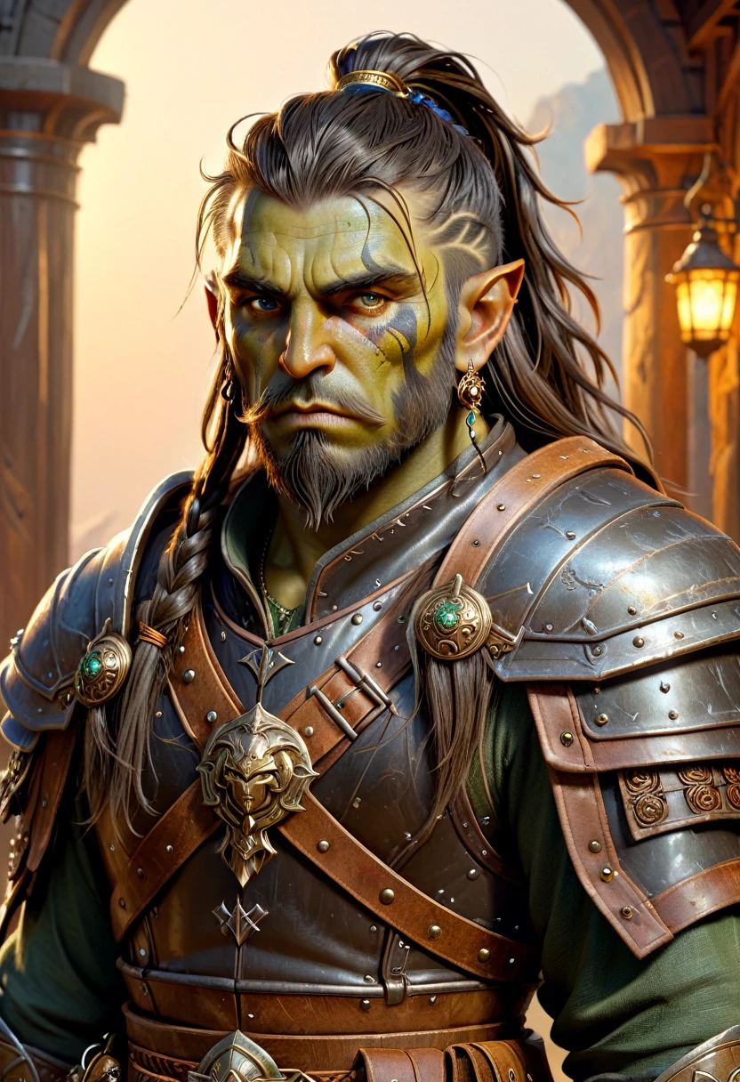 Orc man in leather duelist armor, long war braid hair shaved sides, dusty detail ornaments, battle weary, man warrior, armor, epic, face scar, dnd character portrait, intricate, 8k resolution, dynamic lighting, hyperdetailed, unreal 5, volumetric lighting, alphonse mucha, pre-raphaelite, detailed background, detailed face, detailed eyes, 