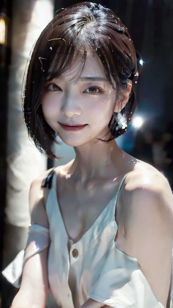 cinematic, Blue hour, (((Ultimate ultra Photorealistic, ultimate high-quality 32k photo))),(((An American shot photo, crossed arms, a40yo ultimate beautiful &cute Japanese actress, looking at viewer:1.5))),(((She has a very intelligent and ultimate beautiful Japanese face&black eyes, pointy nose, ultra detailed face, oval face, blushing cheeks, ultimate well-proportioned face, seductive smile))),((black elegant wet short bob, very light naturally makeup)),(((She has the ultimately perfect nice&Sensual proportions, very just fitted v-neck half sleeve white elegant business buttonless Open-collar blouses , white beautiful ultimate realistic glossy wet Japanese lady Fair and beautiful sweaty skin , A simple and modest silver necklace,Stormy Summer very Humid and Hot very dark Night ,Tokyo business night street)))