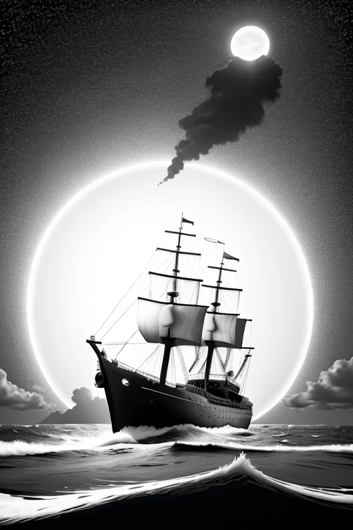 A ship going towards the sun bet, in the middle of the sea, drawn and non-realistic style, in black and white