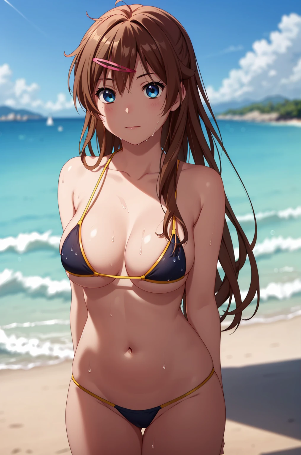 ((masterpiece, Highest quality, High resolution, uhd, Pixel perfect, Depth of written boundary, 4K, RTX, HDR)), 1 Girl, single, alone, 24-years-old, Anime Girls, Beautiful art style, anime character, ((Parted bangs, Brown Hair)), (blue eyes、Round eyes, Delicate eyelashes、Beautiful eyelashes, Perfect Eyes), (Detailed face:1.2), (Smooth texture:0.75, Realistic texture:0.65, Realistic:1.2, Cinematic, Anime CG Style), Perfect body, Ocean:1.3、Moderately good breasts:1.7、Micro Bikini:1.8、Visible from the thighs:1.9、Wet、Water Drop、Splash、nsfw、visible from below、