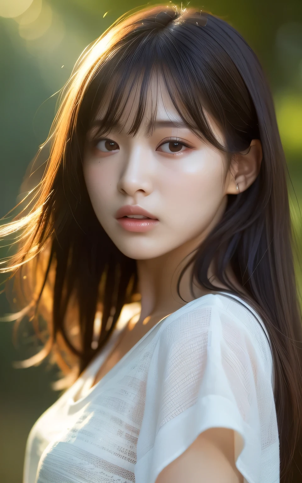 (Photo realistic:1.4), (Surreal:1.4), (Smooth lighting:1.05), 1 Girl, (sad:1.4), Open your mouth a little, Pure beauty, 22 years old, Soft lighting, Backlight, (Top quality real texture skins), I narrowed my eyes., Super detailed face, Glowing Skin, retina, Anatomically correct, Acura, Super detailed, Textured skin, high quality, Attention to detail, 最high quality, High resolution,Morning forest with clear water flowing through it, Medium length hair swaying in the wind, bangs, blouse