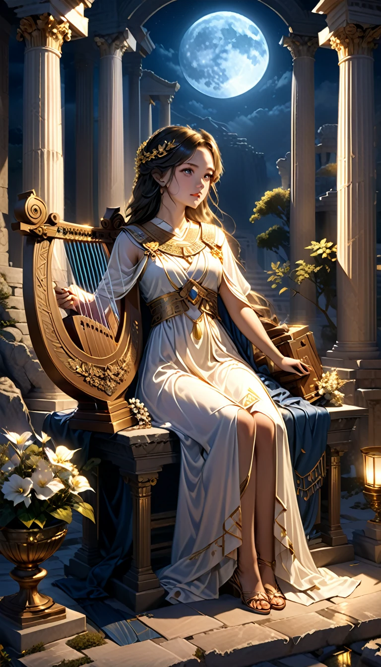 a young priestess, sitting, (playing:1.6) a large lyre, ancient Greek temple, late at night, inside the temple it is (dark:1.3) and there is (no lighting:1.2), the moonlight shines in at an angle, shining a faint light on her., highly detailed, photorealistic, realistic lighting, intricate architecture, ornate decorations, cool color palette, golden accents, soft fabric textures, mesmerizing expression, elegant pose, cinematic composition, natural lighting, realistic shadows, mystical atmosphere, hyperrealistic, award-winning art