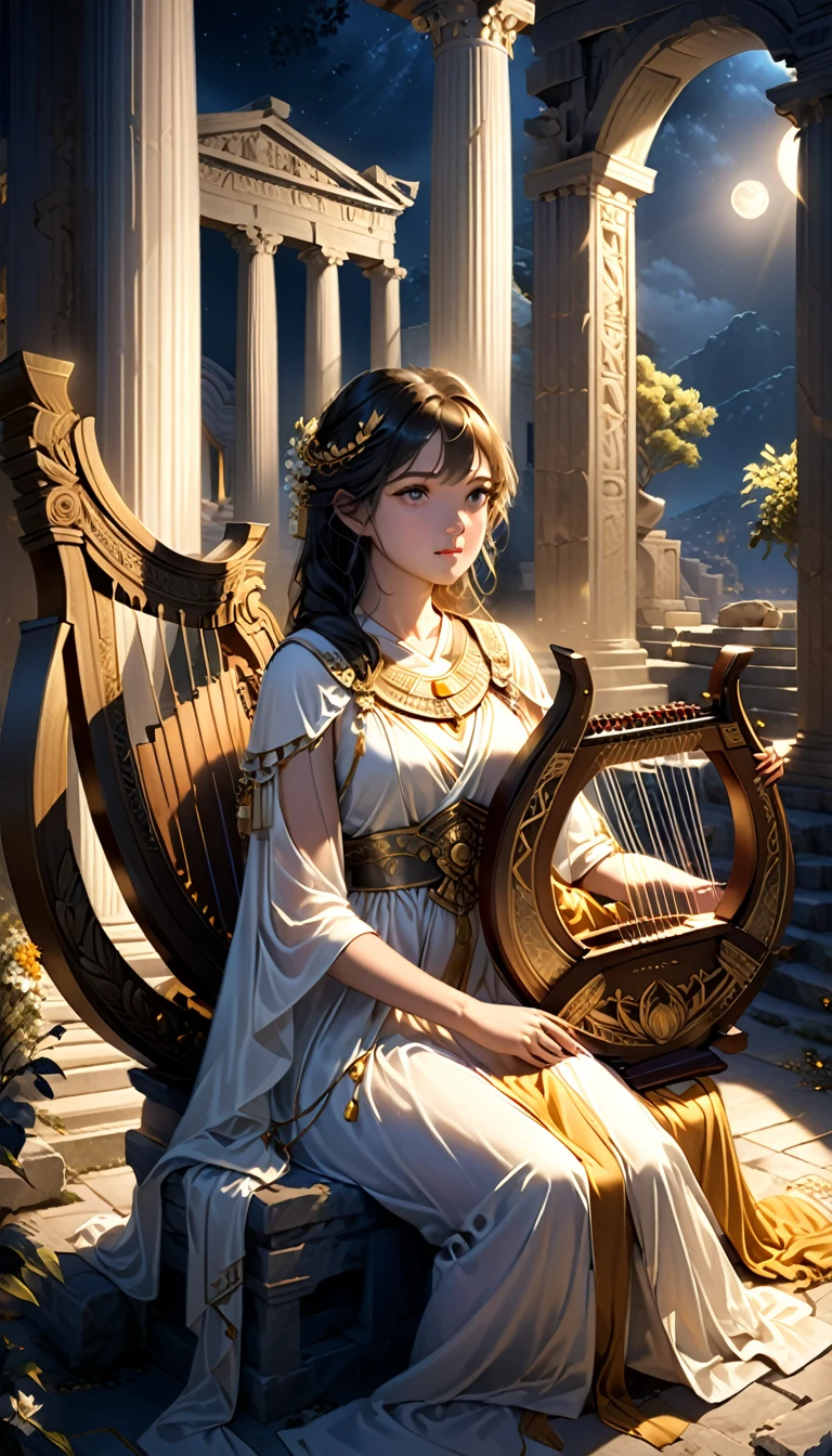 a young priestess, sitting,  (playing:1.6) a large lyre, ancient Greek temple, late at night, inside the temple it is (dark:1.3) and there is (no lighting:1.2), the moonlight shines in at an angle, shining a faint light on her., highly detailed, photorealistic, realistic lighting, intricate architecture, ornate decorations, cool color palette, golden accents, soft fabric textures, mesmerizing expression, elegant pose, cinematic composition, natural lighting, realistic shadows, mystical atmosphere, hyperrealistic, award-winning art
