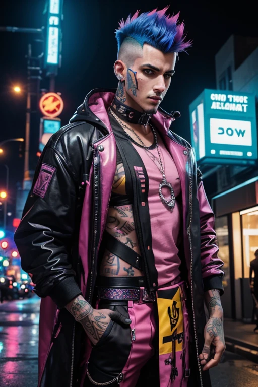 Man, proustite, cyberpunk, street worker, safe for work picture, wearing seductive clothing, wearing very bright colored clothing, tall Mohawk, lots of tattoos