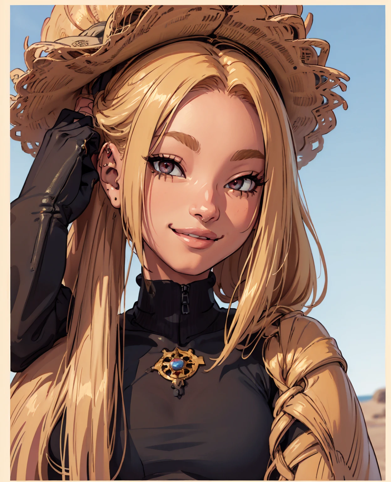 woman's face, long blonde hair, smiling, sun is red, (digital painting, concept art, smooth, sharp focus, intricate details, close-up, masterpiece: 1.2)