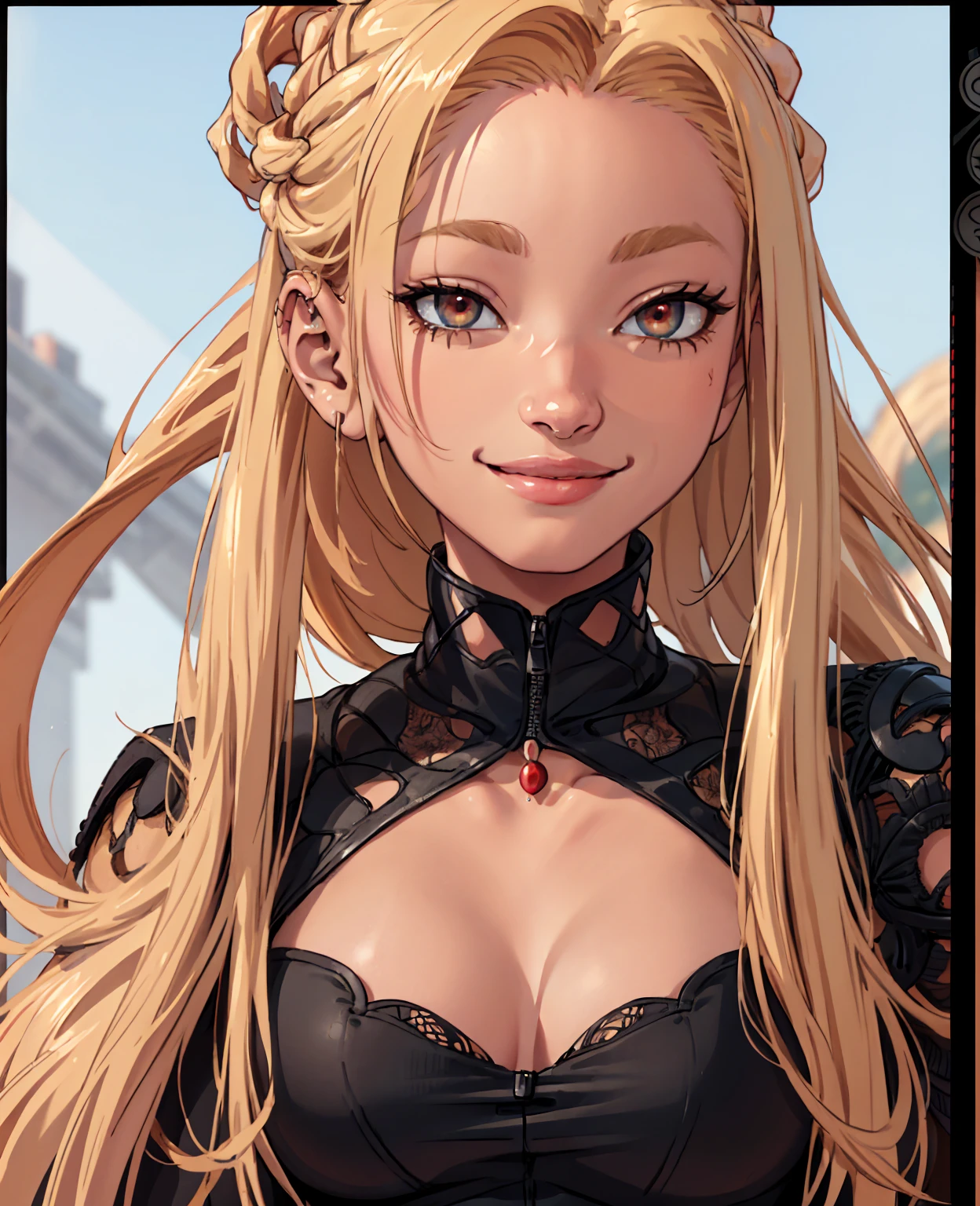 woman's face, long blonde hair, smiling, sun is red, (digital painting, concept art, smooth, sharp focus, intricate details, close-up, masterpiece: 1.2)