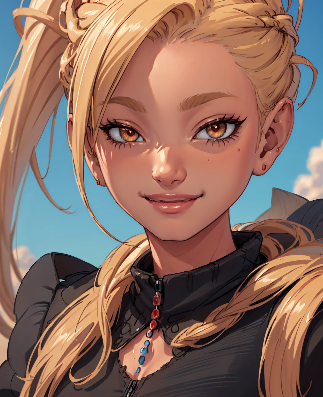 woman's face, long blonde hair, smiling, sun is red, (digital painting, concept art, smooth, sharp focus, intricate details, close-up, masterpiece: 1.2)