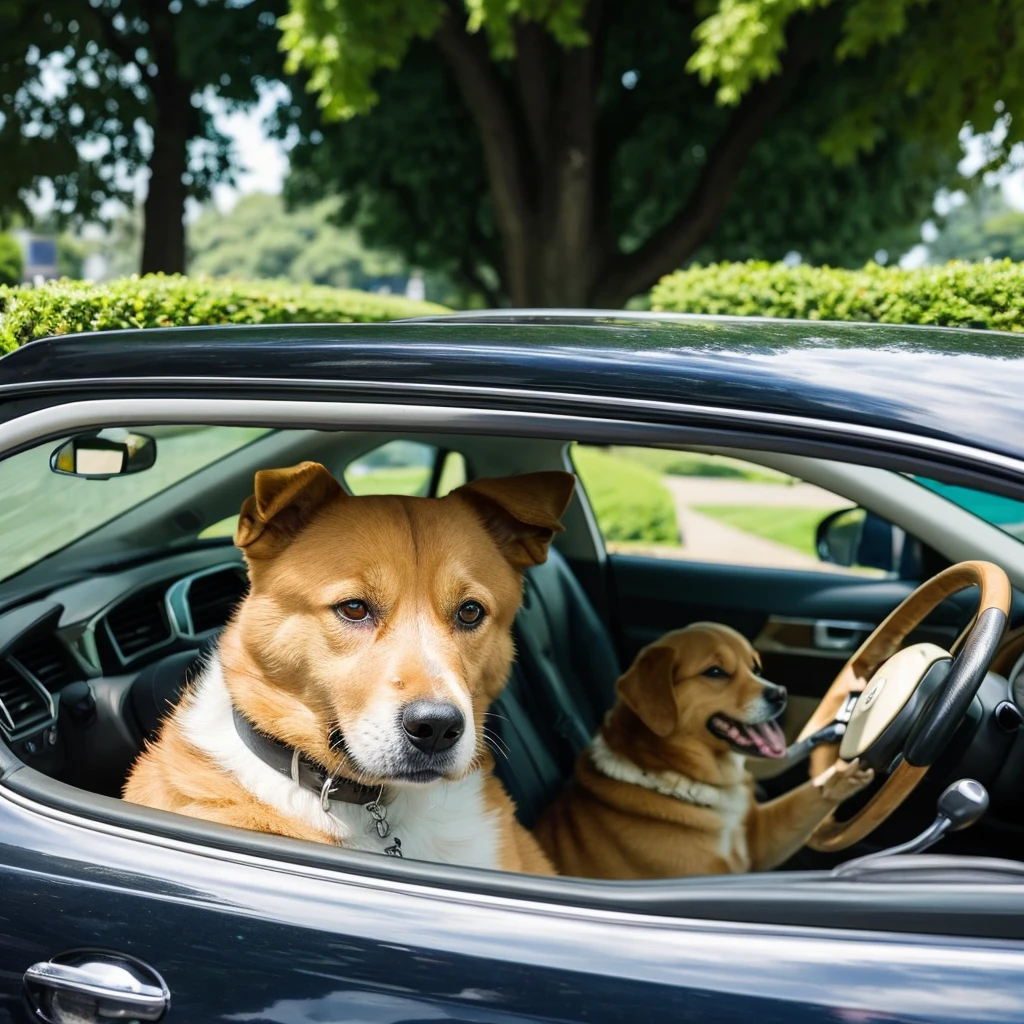 A dog driving a car seen from the front on an avenue, 