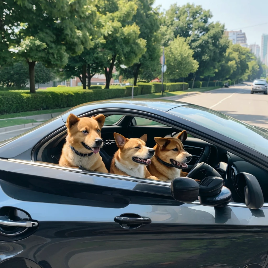 A dog driving a car seen from the front on an avenue, 