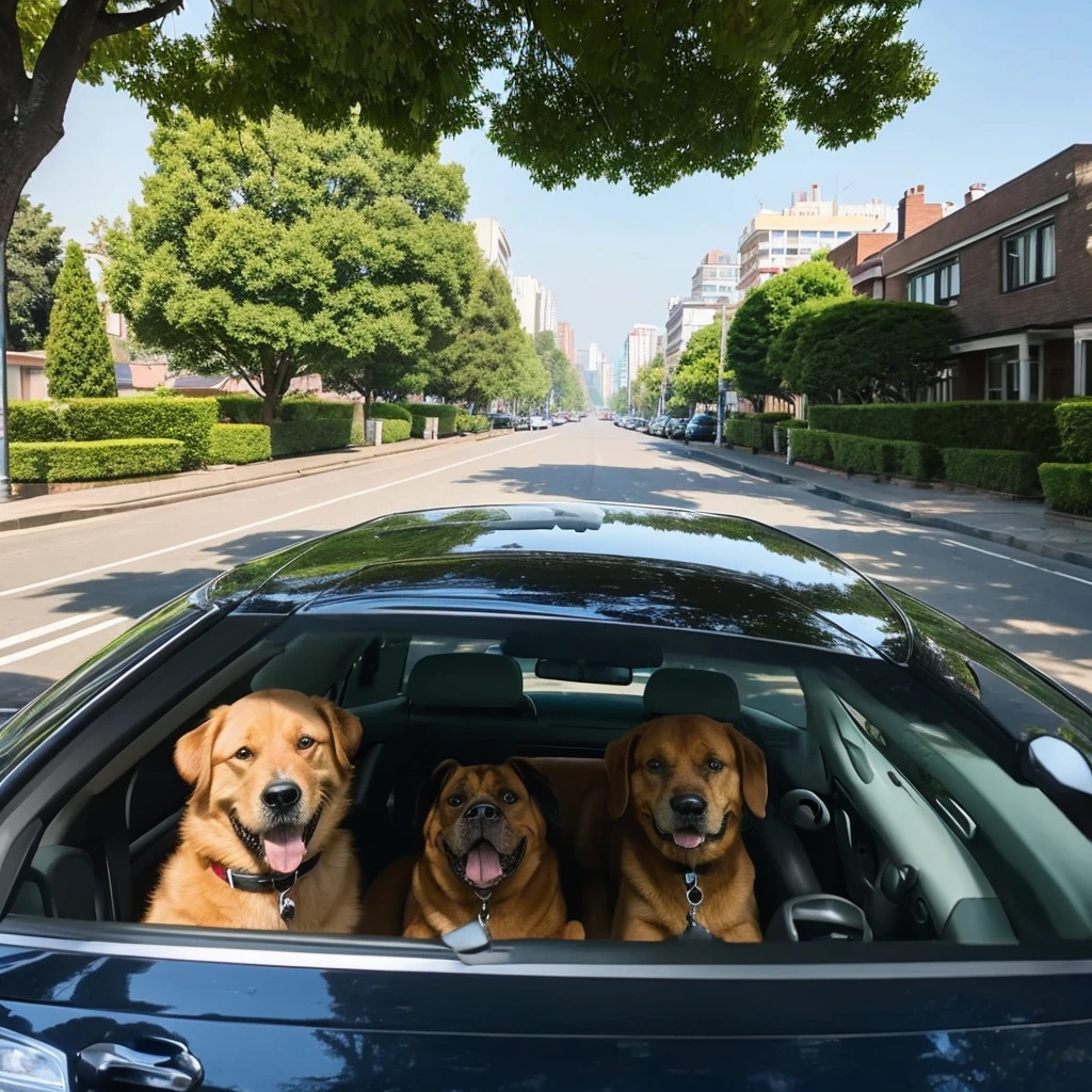 A dog driving a car seen from the front on an avenue,