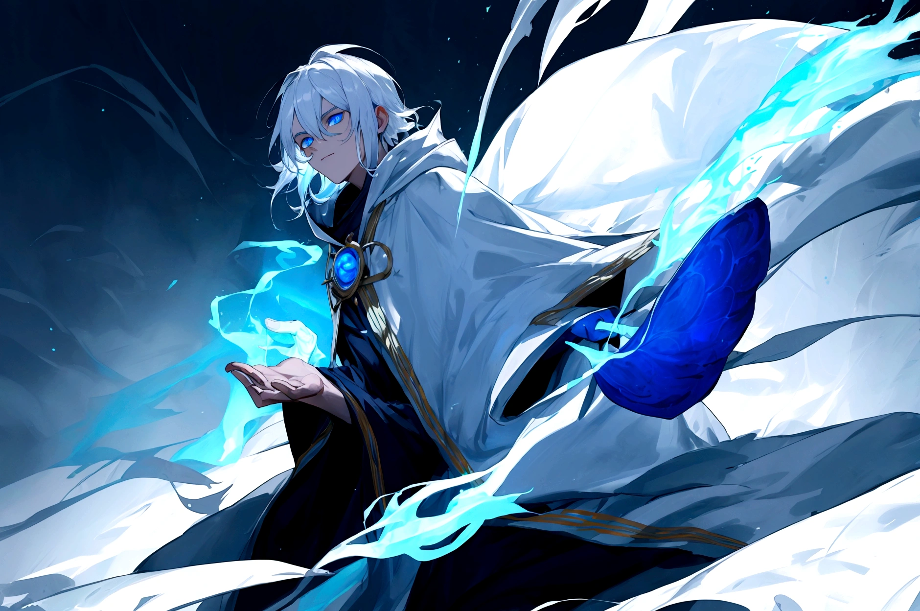 Sorcerer Divine Soul man, he has a silver hair and blue eyes, he wear a hood.