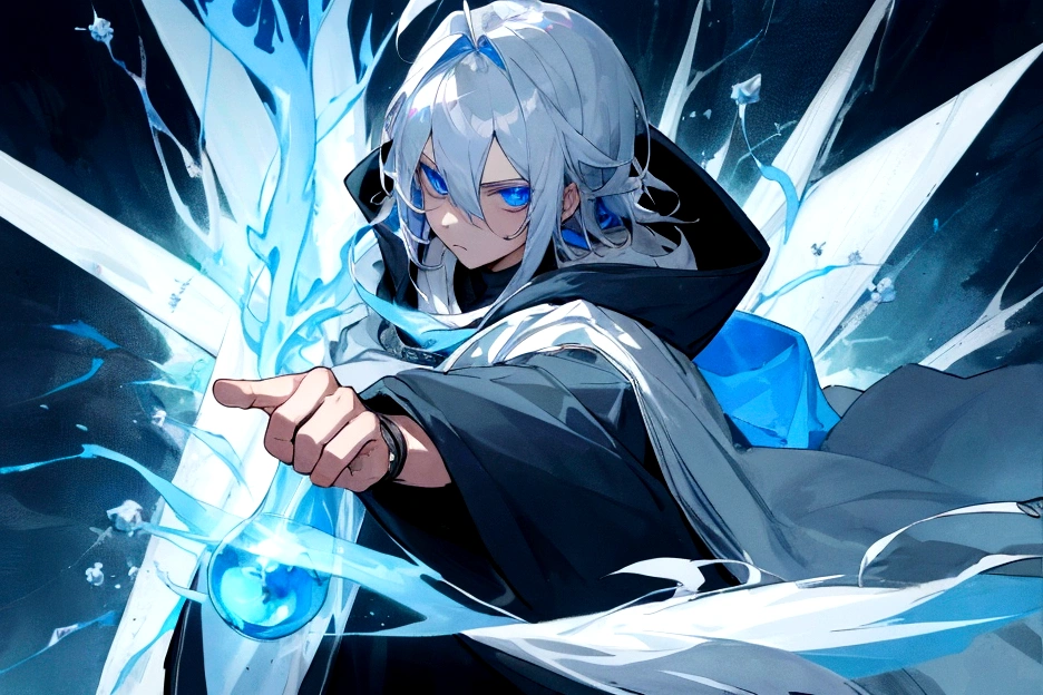 Sorcerer Divine Soul man, he has a silver hair and blue eyes, he wear a hood.