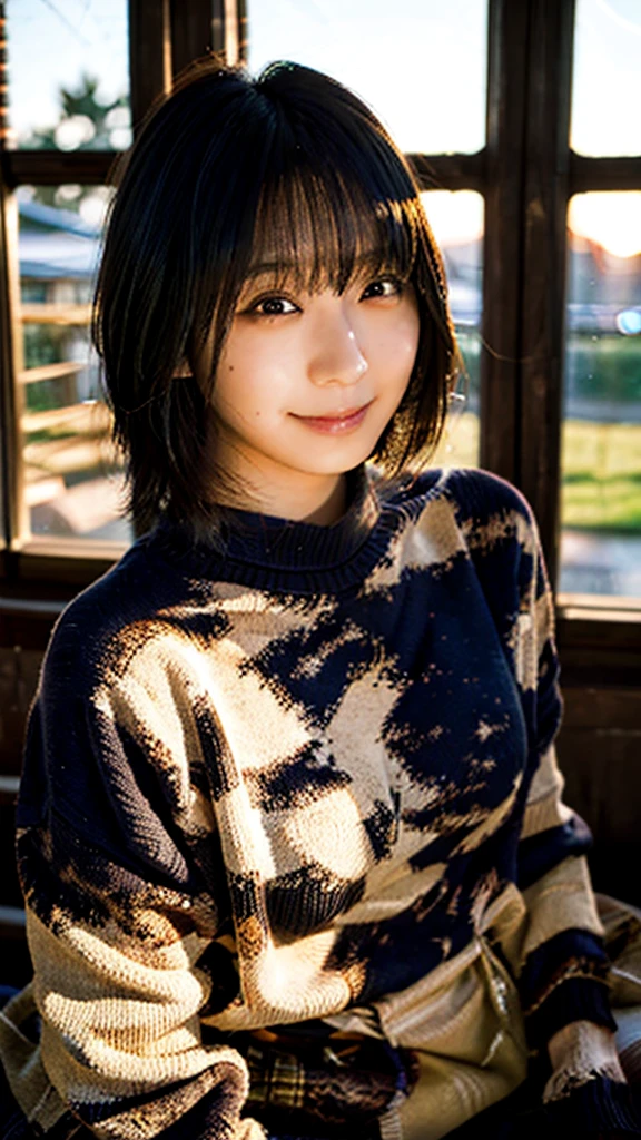 (highest quality,masterpiece:1.3,Ultra-high resolution),(Super detailed,Caustics,8k), (Photorealistic:1.4, RAW shooting),dusk,Sunset sky,Dimly lit classroom,Japanese,20-year-old,smile,Black Hair Middle Hair,Summer Sweater,Big Breasts,Bust up shot,Natural light