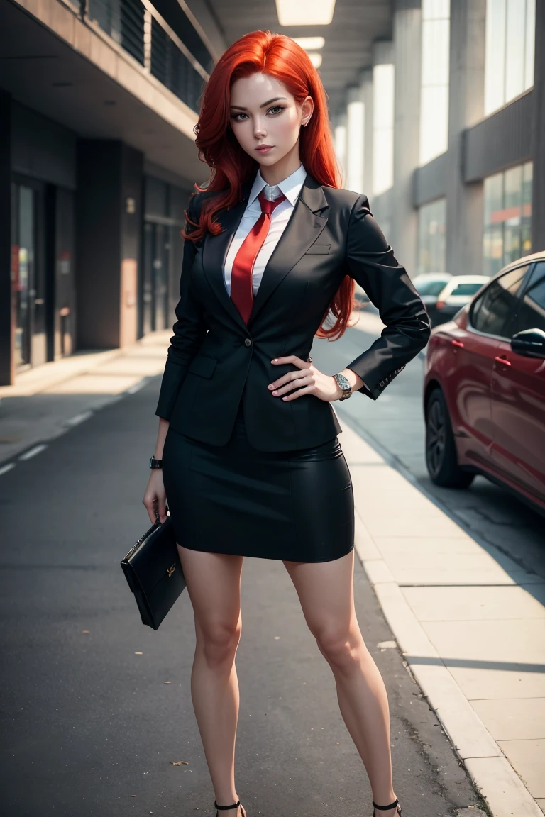 full body shot of stunning tall female corporation CEO, red hair, black blazer, tie, skirt, sexy, confident look, technological bracelet with a screen on the wrist, (relaxed pose),