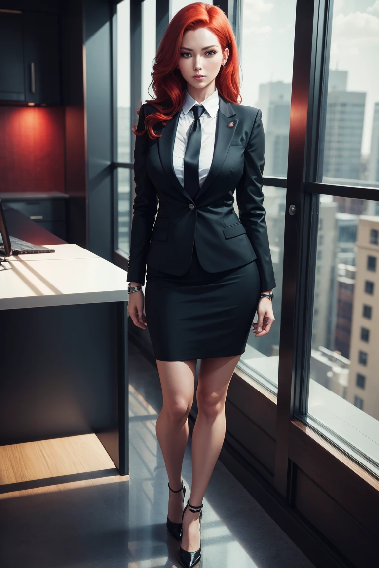 full body shot of stunning tall female corporation CEO, red hair, black blazer, tie, skirt, sexy, confident look, technological bracelet with a screen on the wrist, (relaxed pose),