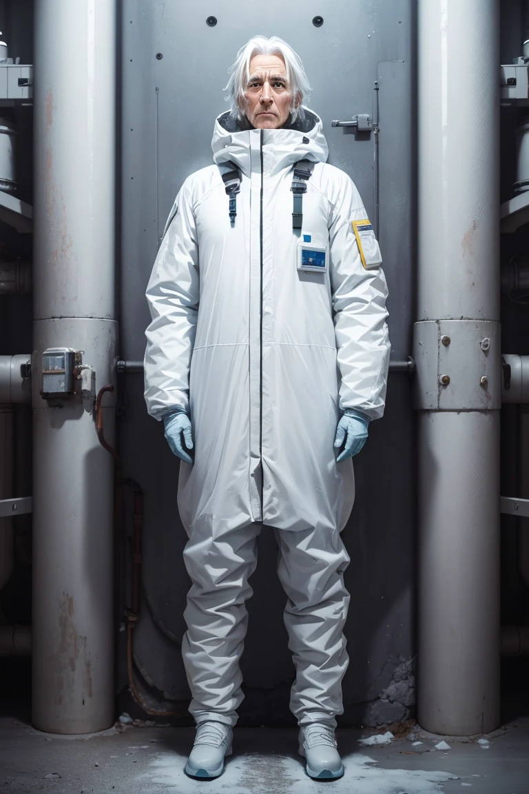 full body shot of old ice technology scientist, chemical protection suit, (calm look), frost, tired, white hair, (relaxed pose),