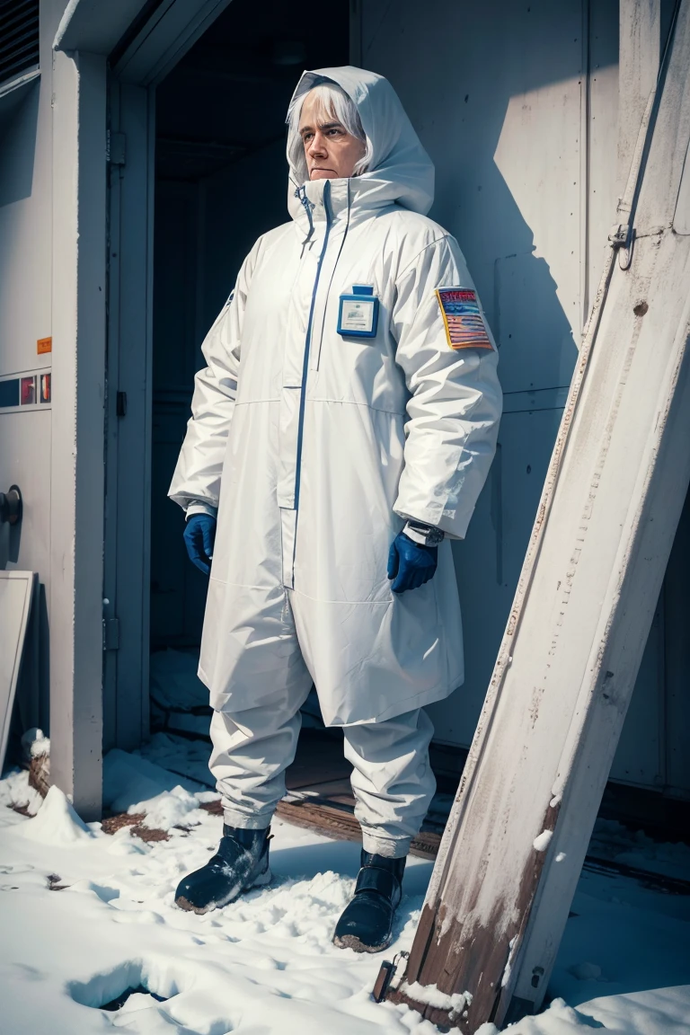 full body shot of old ice technology scientist, chemical protection suit, (calm look), frost, tired, white hair, (relaxed pose),