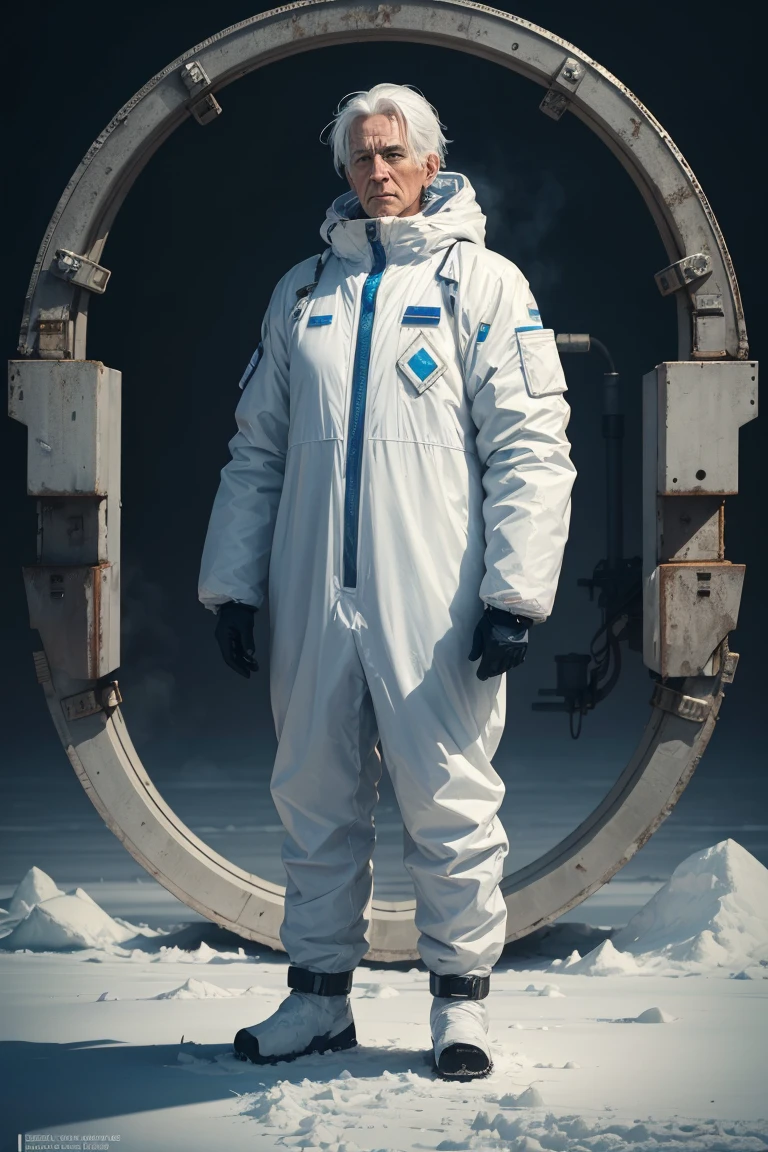 full body shot of old ice technology scientist, chemical protection suit, (calm look), frost, tired, white hair, (relaxed pose),