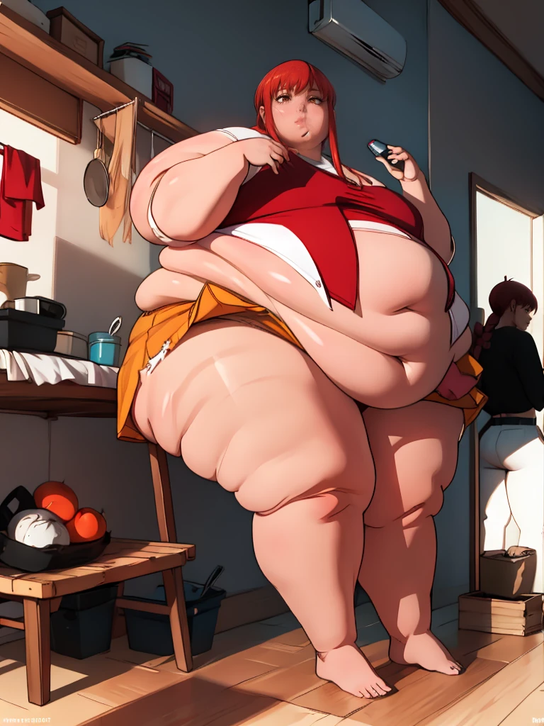 Le personnage Makima de la série animée Chainsaw Man, fragile, obésité morbide, ssbbw, pleine longueur (corps entier 1.1.), fond sombre, obscurité, anatomie correcte 1.1, anatomie correcte de la main, Très féminin, corps gras et rond, grosses Jambes, fesses, beau corps obèse, ventre rond et mou très gras, cheveux roux, Yeux oranges, Cercles rouges pour les écoliers, chemise blanche, jupe noire, cravate noire, pose sexy, réaliste, very détaillé, beau corps, détaillé body, détaillé hands, détaillé, vibrant, détaillé Face, Conception des personnages de Makima. very détaillé, détaillé body, détaillé hands, détaillé Face, Art animé, Hugh Détails, Visage très abattu, détaillé eyes, Illustration ultra fine, Meilleure ombre, détail fin, beautiful détaillé glow, beautiful détaillé, Extraordinairement beau, extremely détaillé, inexpressif, composition épique, Style animé. art animé, Style animé. Jupe noire, chemise blanche, cravatte, pose sexy. Double menton, visage très gras, grosses joues, joues potelées