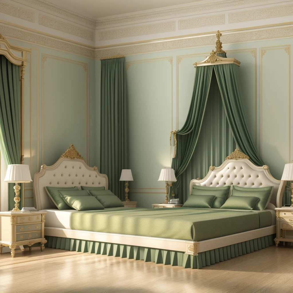 RAW photo, neoclassic bed room, green bed, Masterpiece, high quality, (realistic), (masterpiece,best quality:1.2), quality, authentic, super detail, interior,daylight, vray, luxury, 8k uhd, dslr, soft lighting, high quality, film grain, Fujifilm XT3