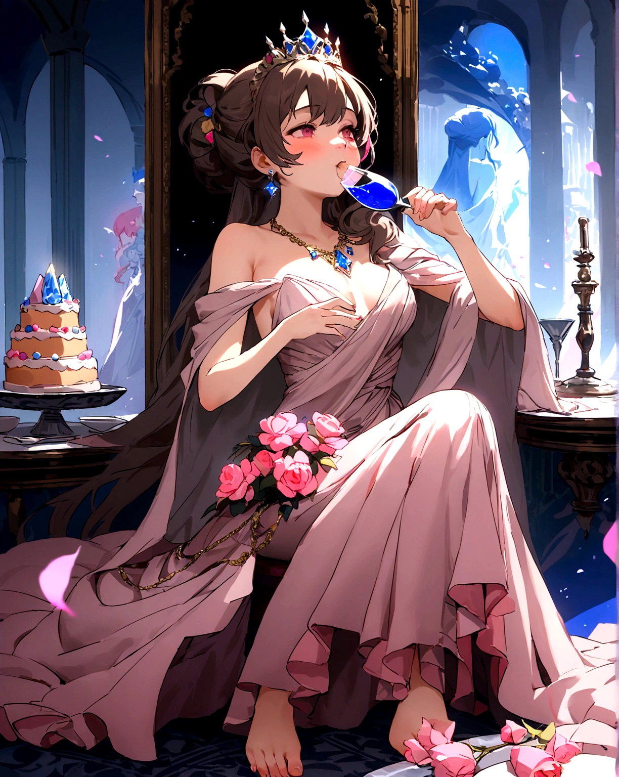 A woman sits at a grand long table with an elegant tablecloth, adorned with porcelain plates and silver cutlery. On the table are various types of beautifully decorated cakes, as well as crystal glasses filled with wine or champagne.The woman is wearing a sparkling evening gown, adorned with diamonds, gold, and gems. Her dress has a long train flowing on the floor. She is wearing a large diamond necklace, gold bracelets, and striking earrings. Her hair is neatly styled in an updo, adorned with a small tiara.With an expression of pure enjoyment, the woman is eating the cake with gusto, holding a large piece of cake in one hand and a spoon or fork in the other. A few cake crumbs are visible around her mouth, emphasizing how much she is enjoying her food.The background is a luxurious room with wood-paneled walls, classic paintings, and a crystal chandelier, adding to the sense of opulence. Additional details such as a stack of gift boxes wrapped with golden ribbons, a vase of fresh flowers, and an Angora cat sitting near her feet complete the picture.