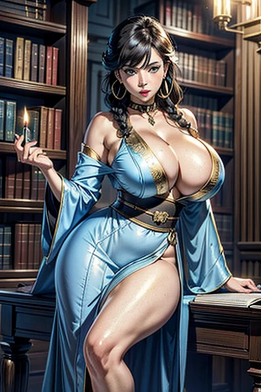 Masterpiece, Best Quality, (((Mature woman Janet solo))), (((braided hair))), long braided ponytail, (((Wide hips))), (((light blue eyes))), full lips, seductive smile, neckline, sitting on a wooden throne, (((bookshelves, candles))) sunset, blush, , "beautiful mature face" , age 30 , mqmf , adult ((open kimono with detailed gold patterns)), bare shoulder, ((sexual suggestion)), perfect beautiful eyes, detailed eyes. thick lips, ((big tits)), (thick thighs), From top to bottom, looking down, (((shiny skin))), (((Delgado))), (((book)), collar, wifes, hoop earrings,