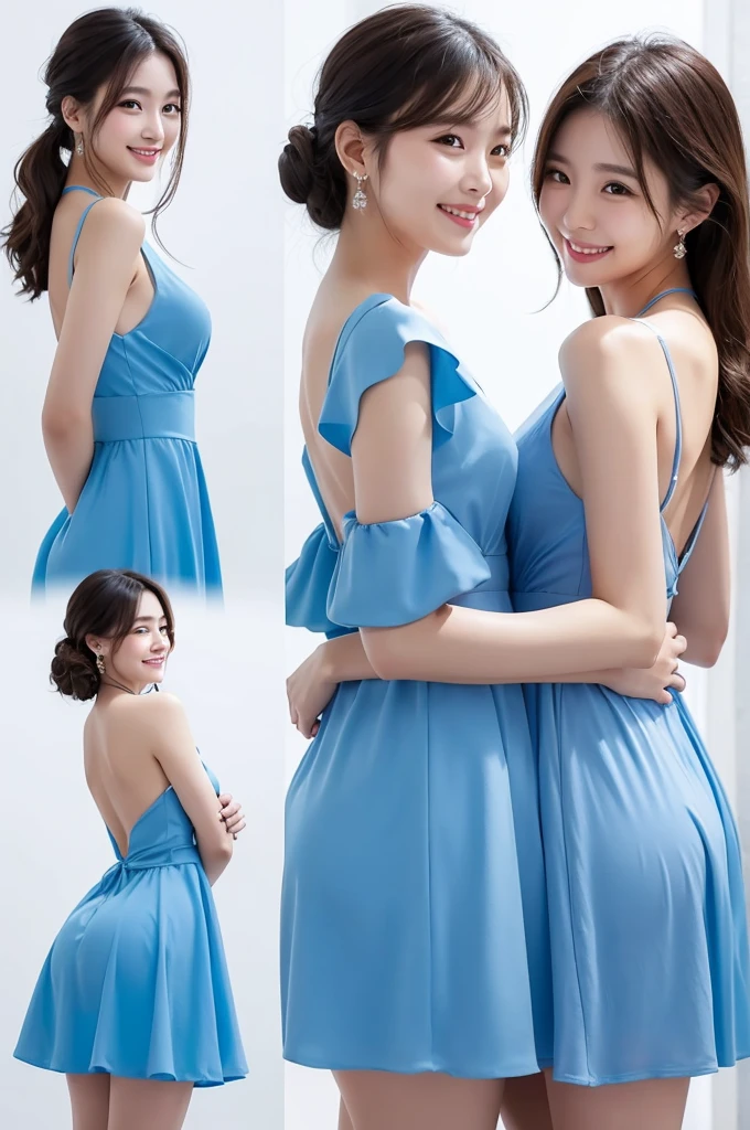 Back view、smile、A blue dress with a bit of her back showing、Beautiful Skin、White background、Korean women、Ultra-high quality camera