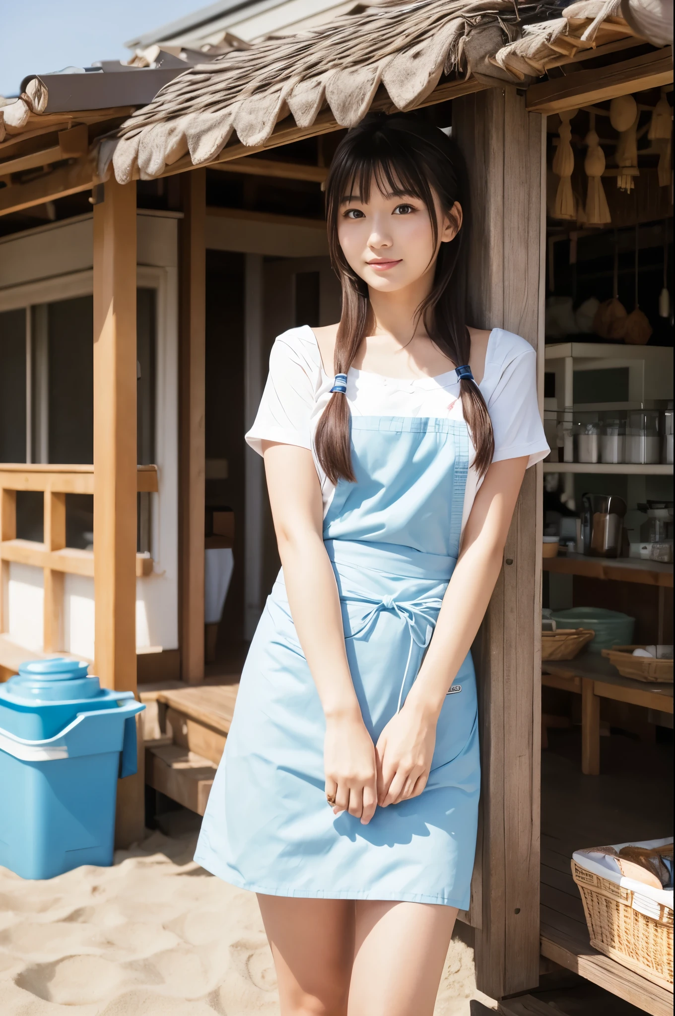 Pretty 22 year old woman(Japanese face)Wearing an apron and a miniskirt、Being at the beach house
