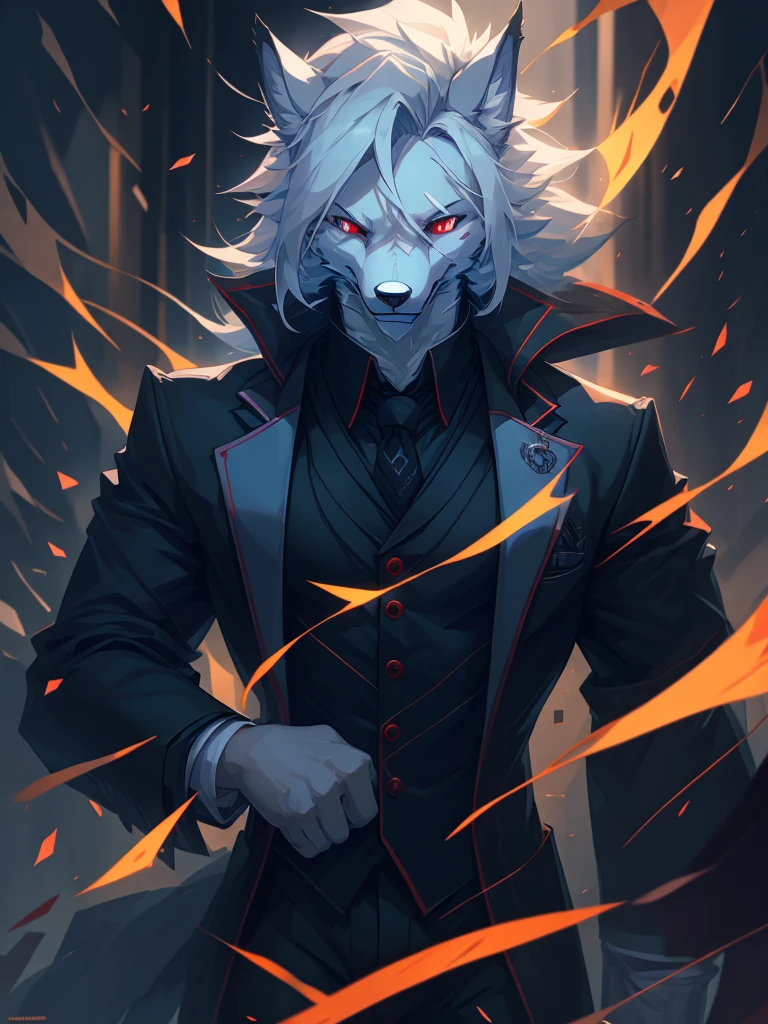 male, furry, wolf anthro, solo, white fur, Red eyes, (Realistic eye details 1.2), business suit wear, V0id3nergy, abs, Masterpiece, dramatic lighting, soft lighting, day, highly detail, Hair coiled