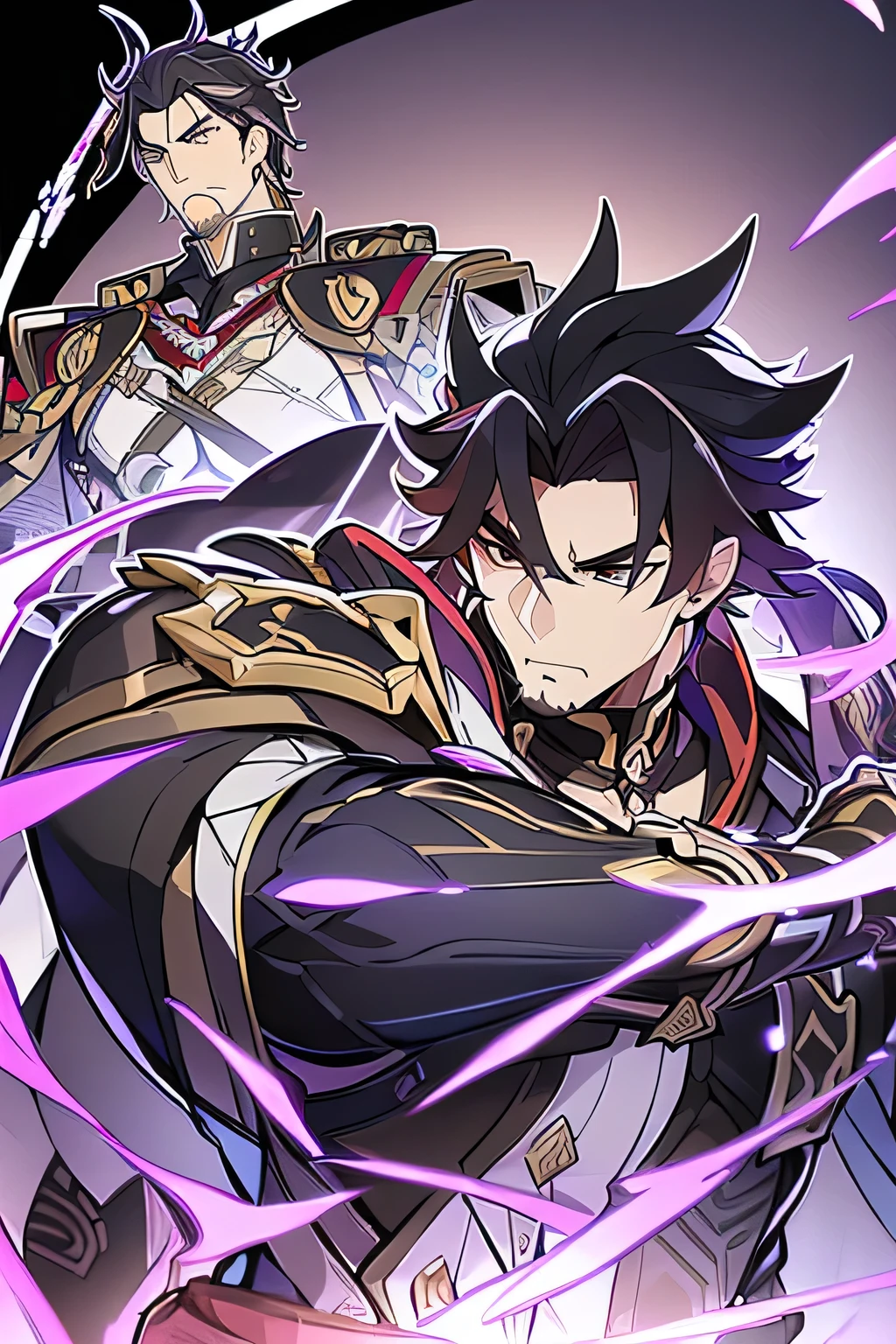 (Simple white background, Genshin Impact muscular male character, unique character, serious appearance, black suite, short, wavy and black hair, slicked back, goatee, visual novel, detailed black armor, high quality, cinematic, pose de poder, intricate details, vibrant colors, masterpiece, Genshin Impact, purple jewel on a golden coat of arms